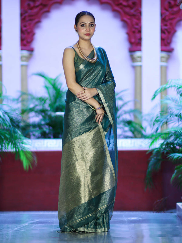 Bhagalpur Handloom Linen Tissue Metallic Shine Saree-Green