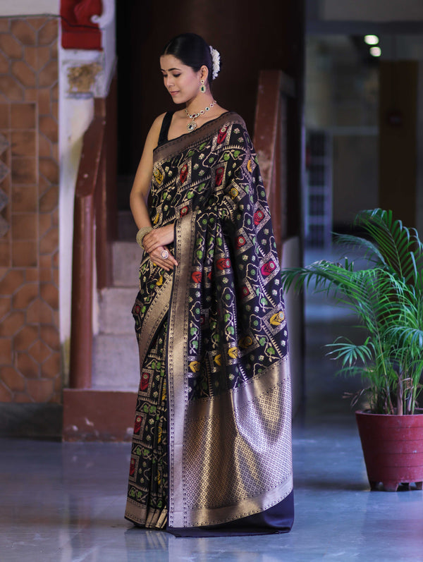 Banarasee Handloom Semi Katan Meena Work Saree-Black