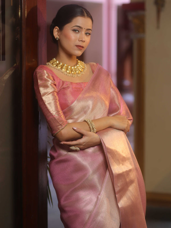 Banarasee Handwoven Tissue Zari Saree-Pink