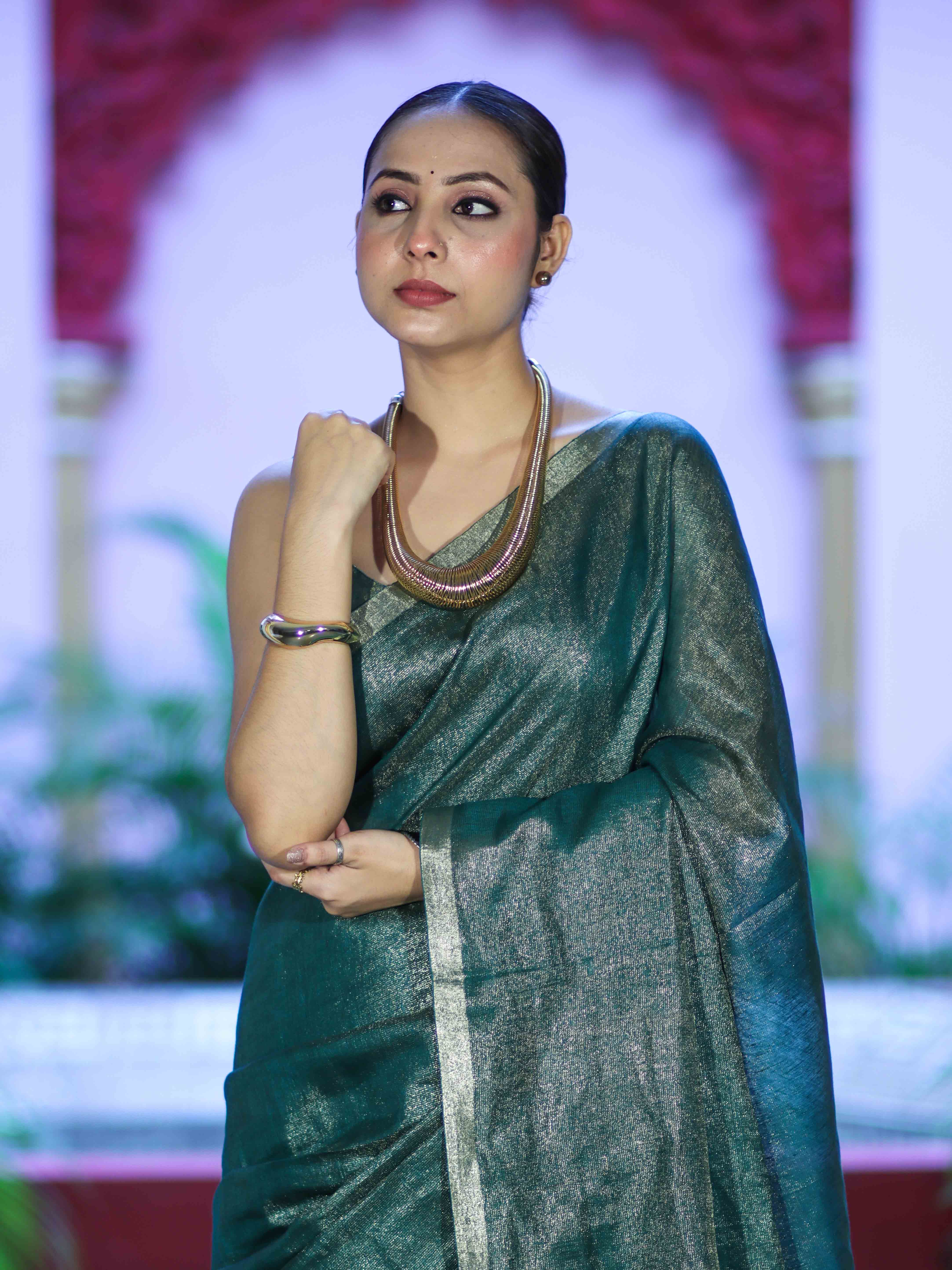 Bhagalpur Handloom Linen Tissue Metallic Shine Saree-Green