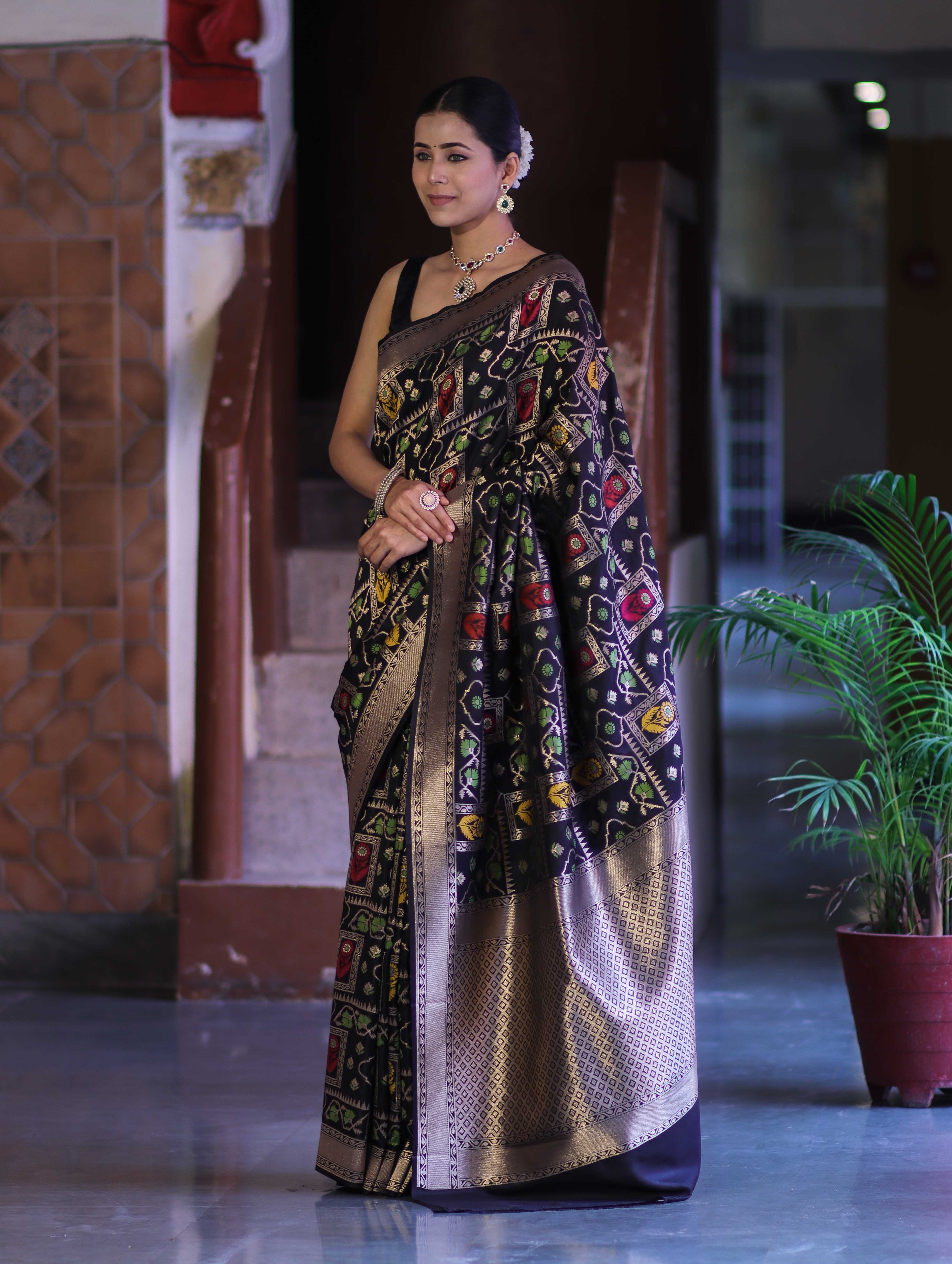 Banarasee Handloom Semi Katan Meena Work Saree-Black