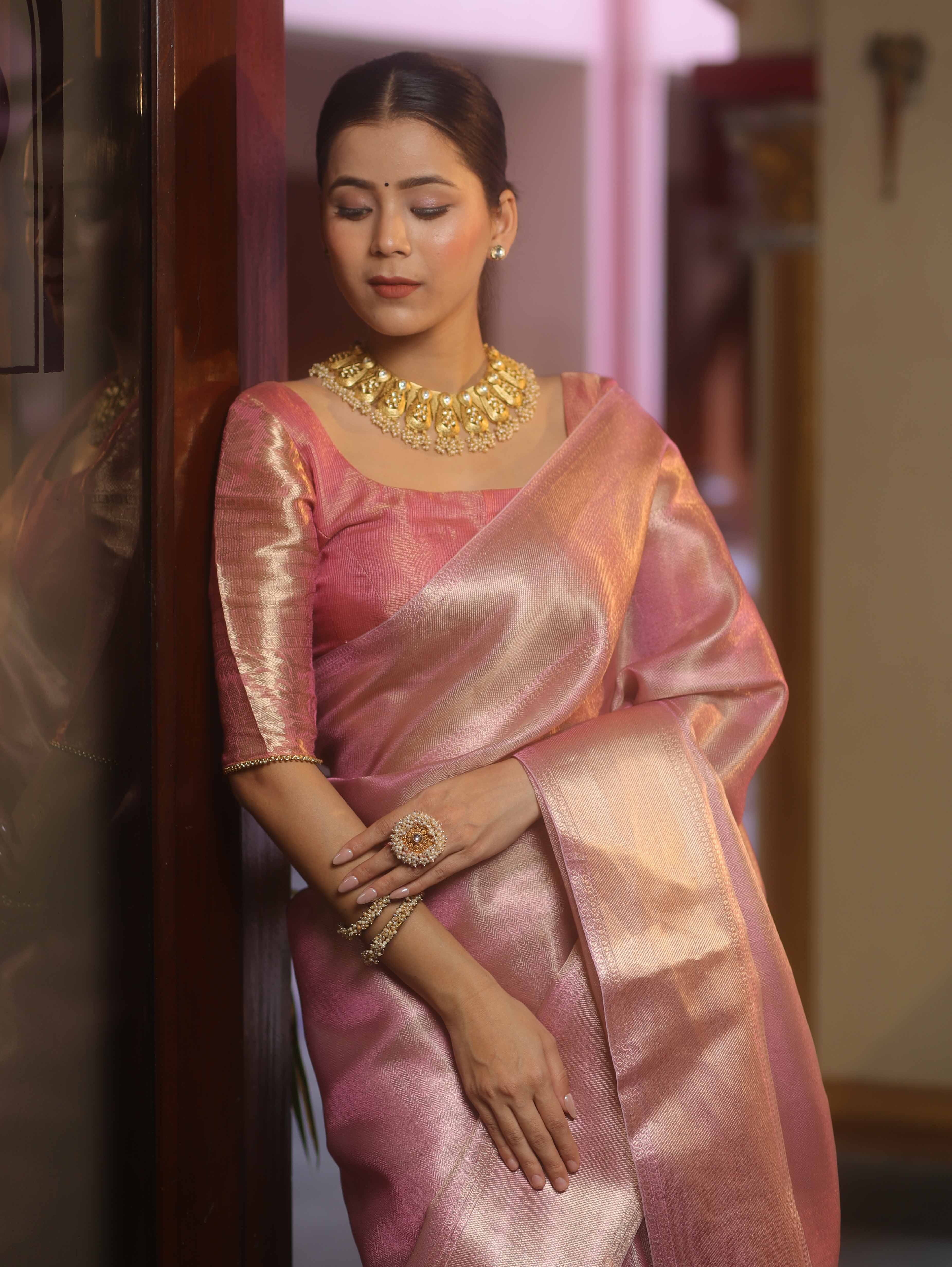 Banarasee Handwoven Tissue Zari Saree-Pink