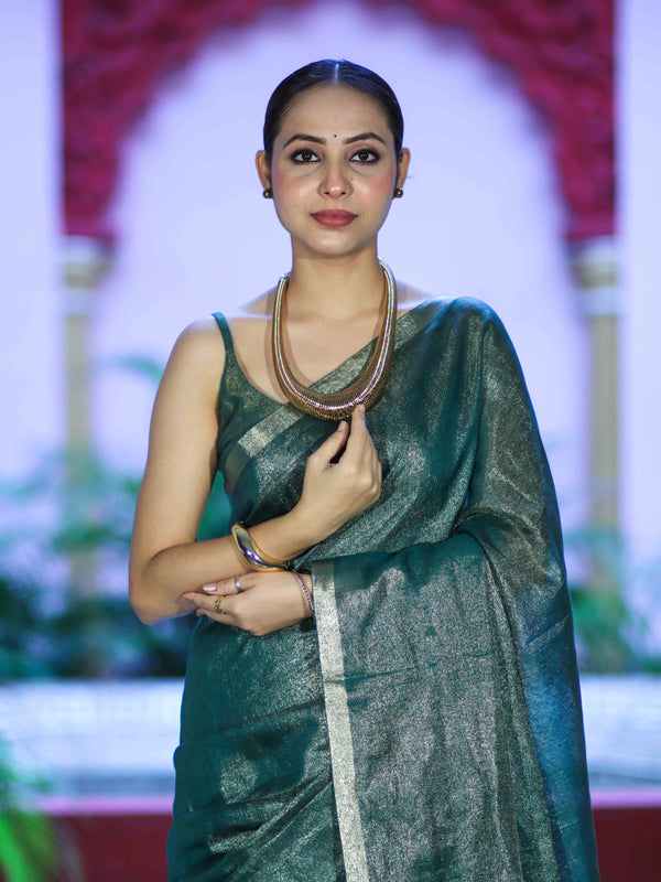 Bhagalpur Handloom Linen Tissue Metallic Shine Saree-Green