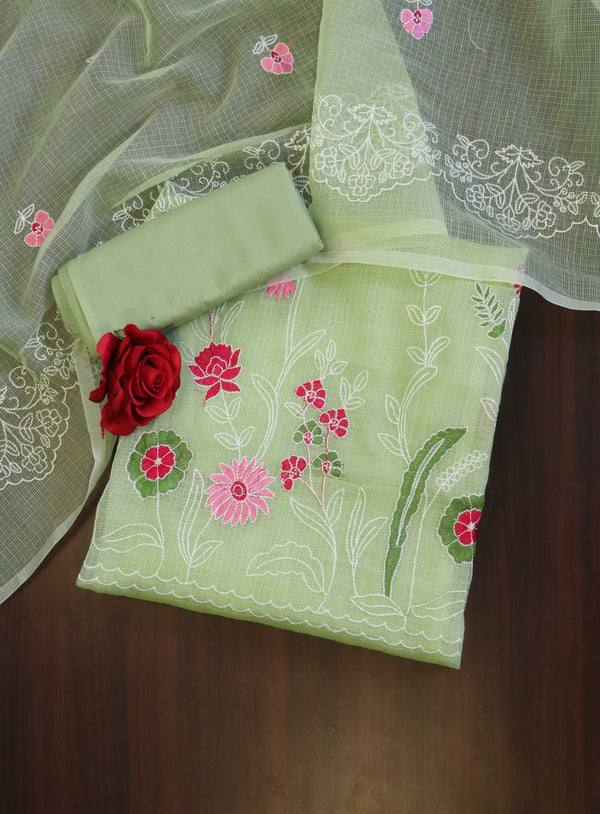 Banarasee Kota Doria Hand-Embroidered Salwar Kameez Dupatta Set-Light Green