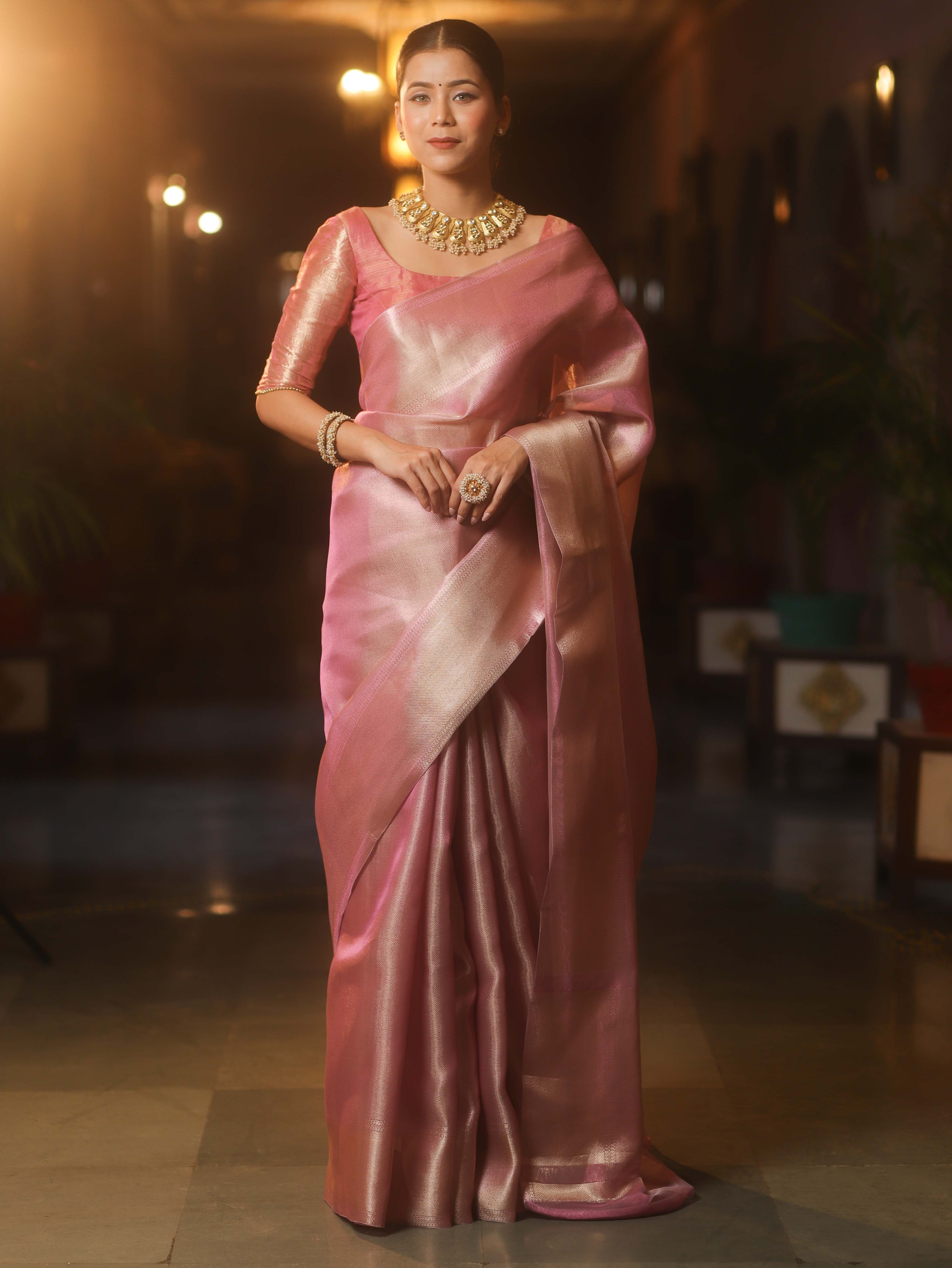 Banarasee Handwoven Tissue Zari Saree-Pink