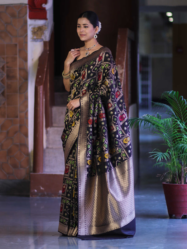 Banarasee Handloom Semi Katan Meena Work Saree-Black