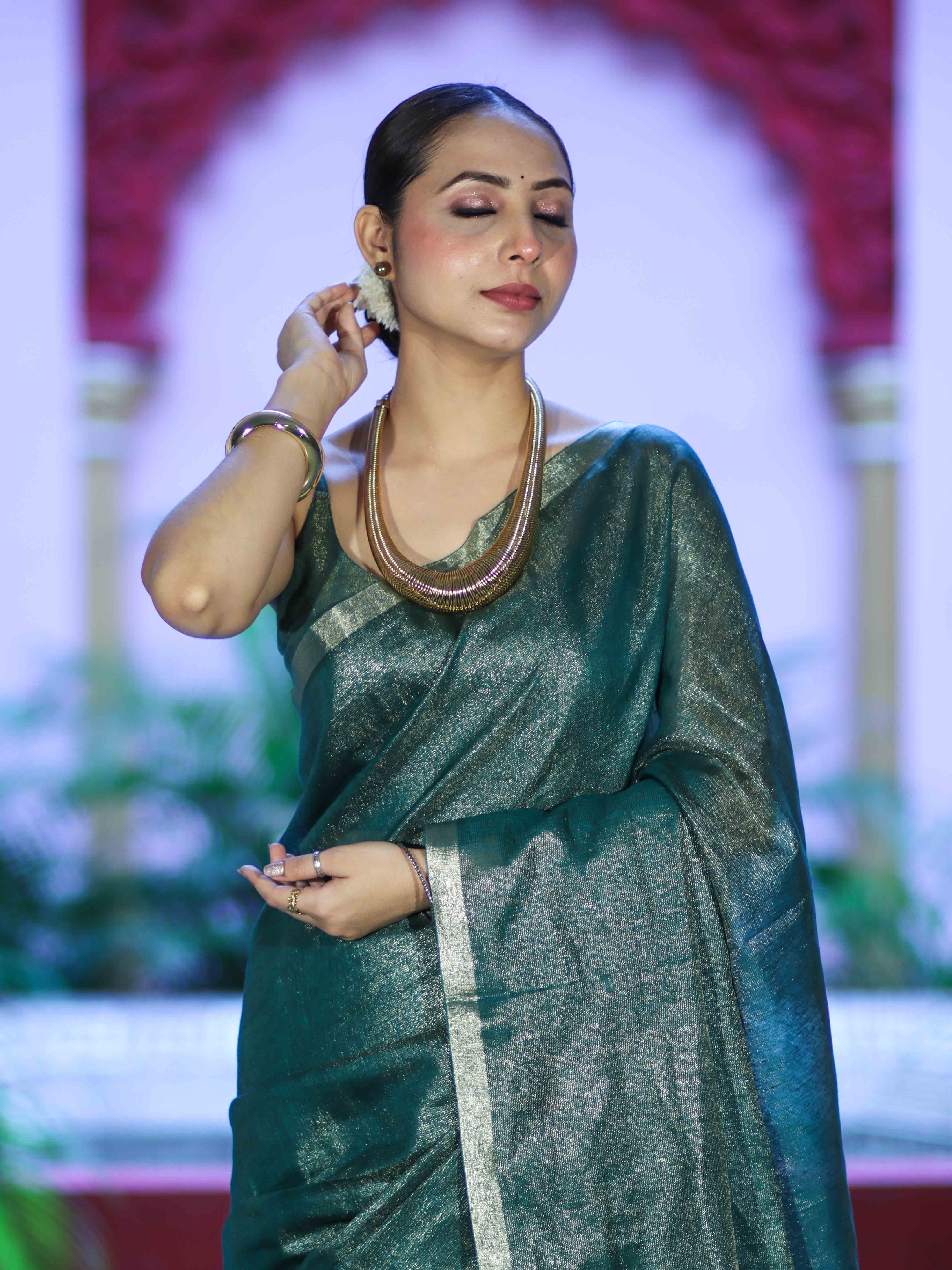 Bhagalpur Handloom Linen Tissue Metallic Shine Saree-Green