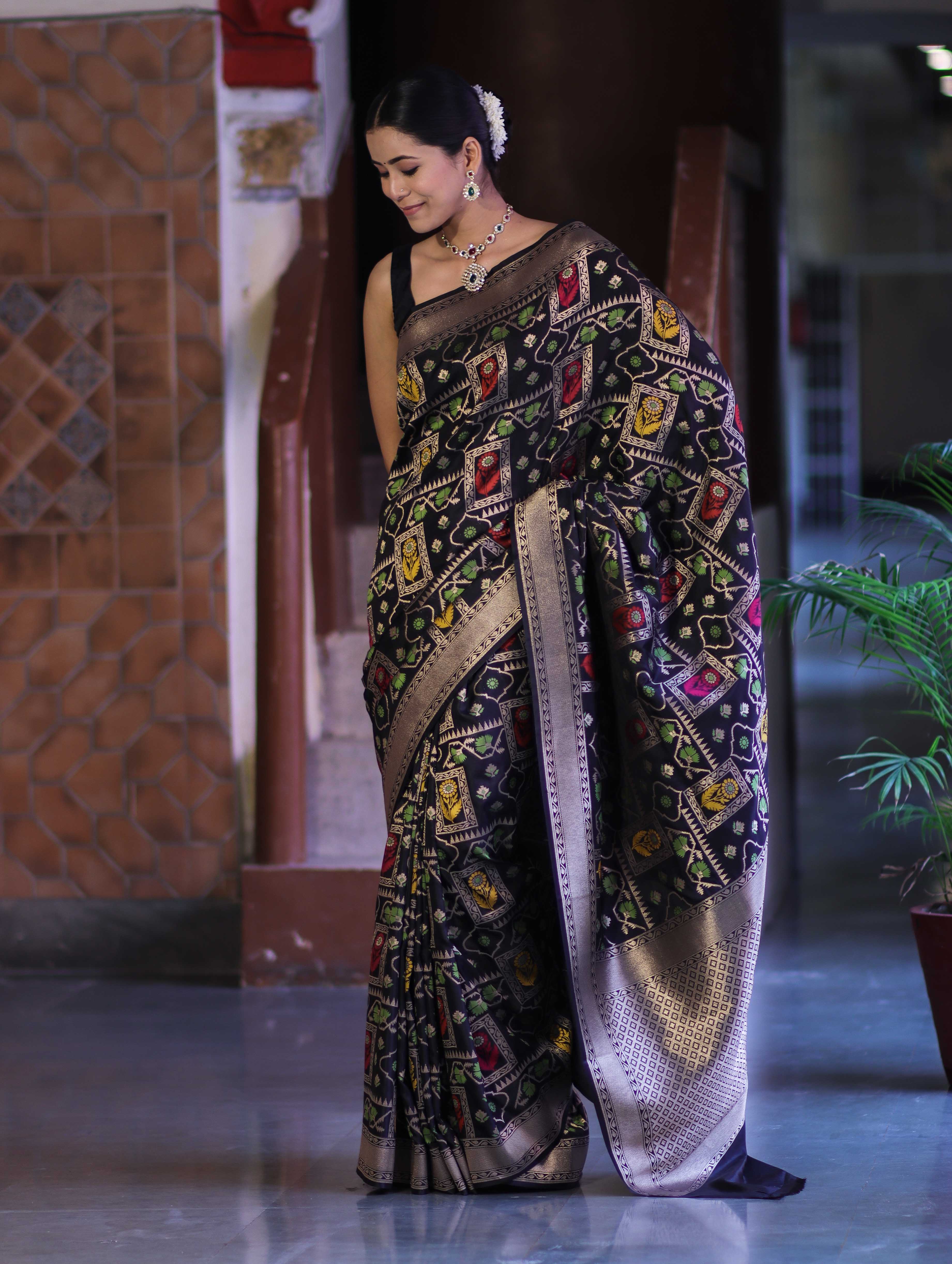 Banarasee Handloom Semi Katan Meena Work Saree-Black