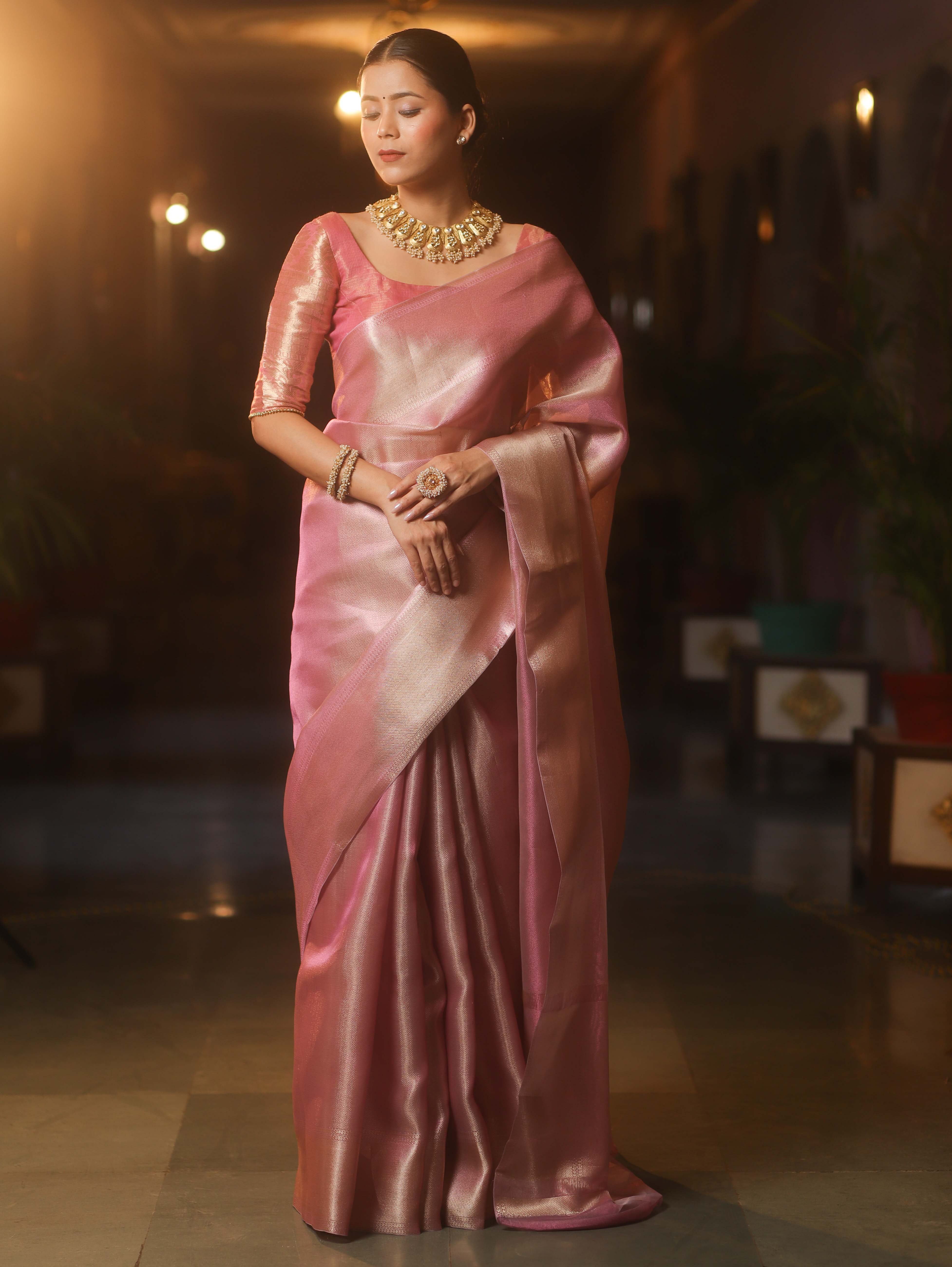 Banarasee Handwoven Tissue Zari Saree-Pink