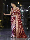 Banarasee Handloom Semi Silk Saree With Buta Design Zari Border & Lace-Burgundy