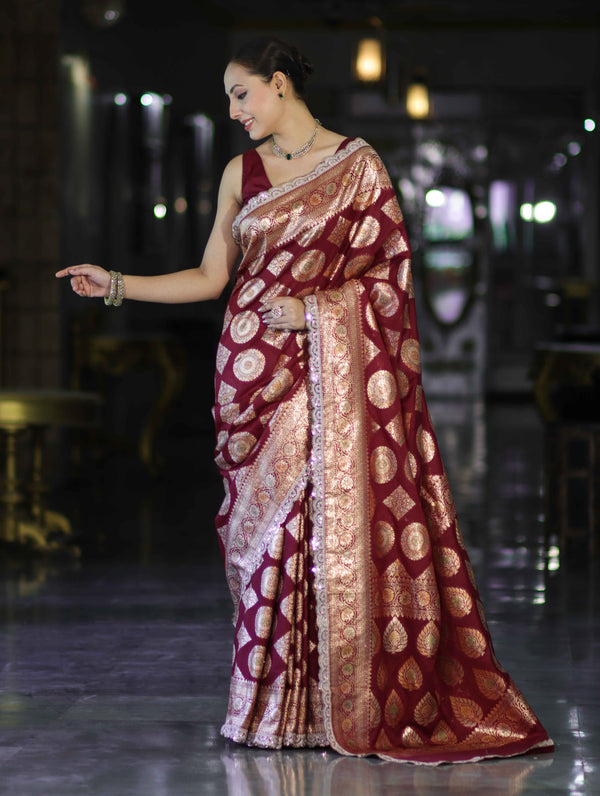 Banarasee Handloom Semi Silk Saree With Buta Design Zari Border & Lace-Burgundy