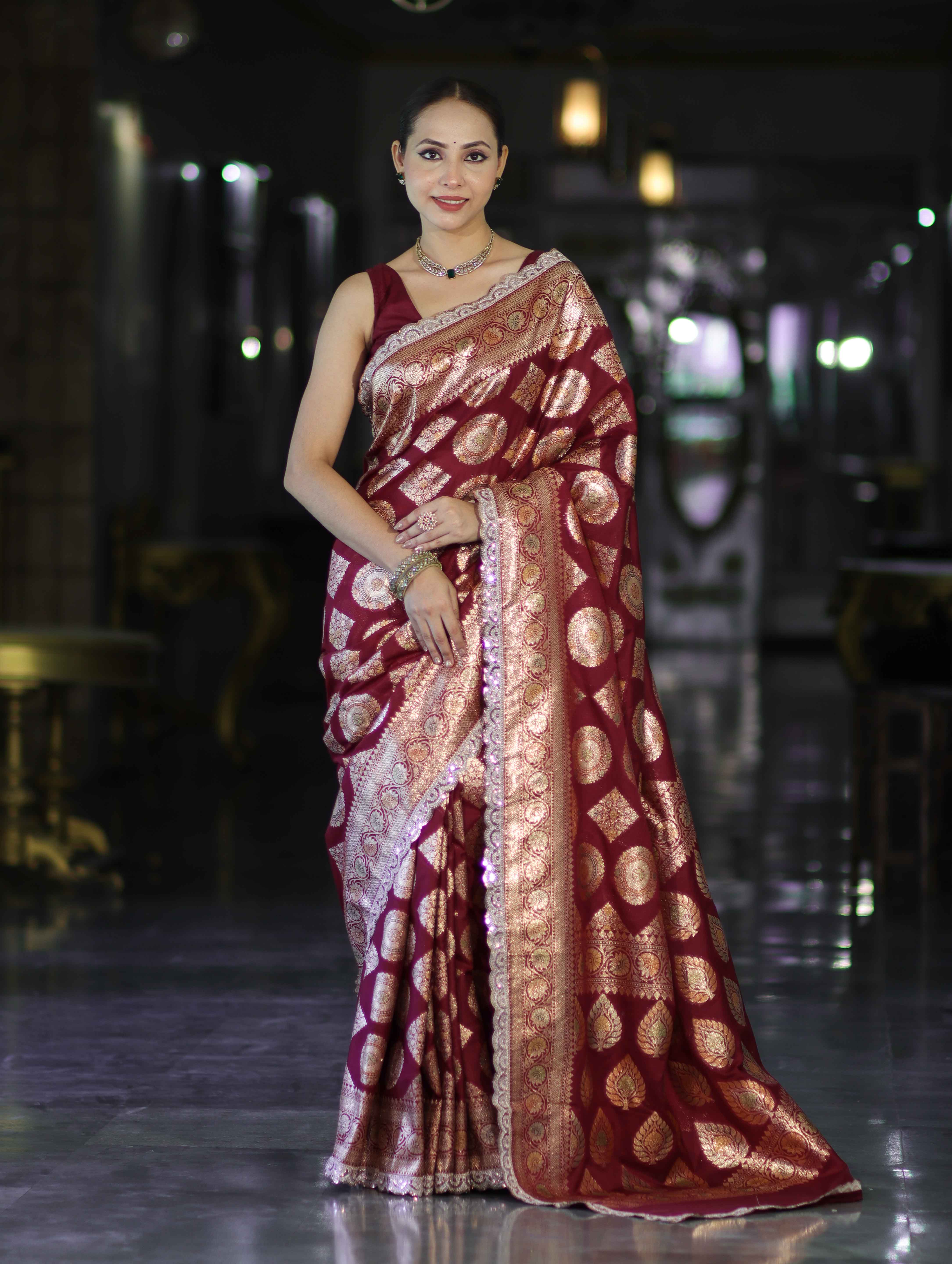 Banarasee Handloom Semi Silk Saree With Buta Design Zari Border & Lace-Burgundy