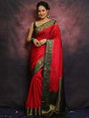 Banarasee Handwoven Semi Silk Plain Saree With Zari Contrast Border-Red & Green