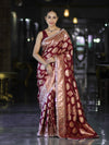 Banarasee Handloom Semi Silk Saree With Buta Design Zari Border & Lace-Burgundy