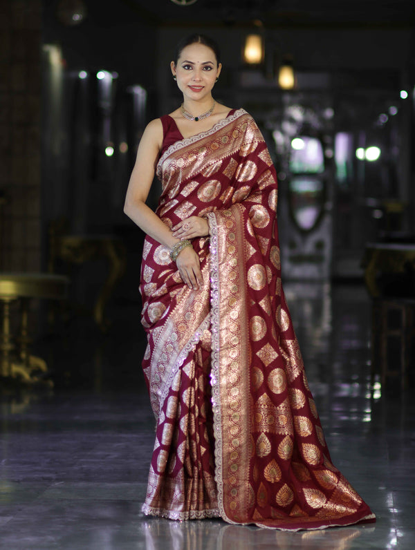 Banarasee Handloom Semi Silk Saree With Buta Design Zari Border & Lace-Burgundy