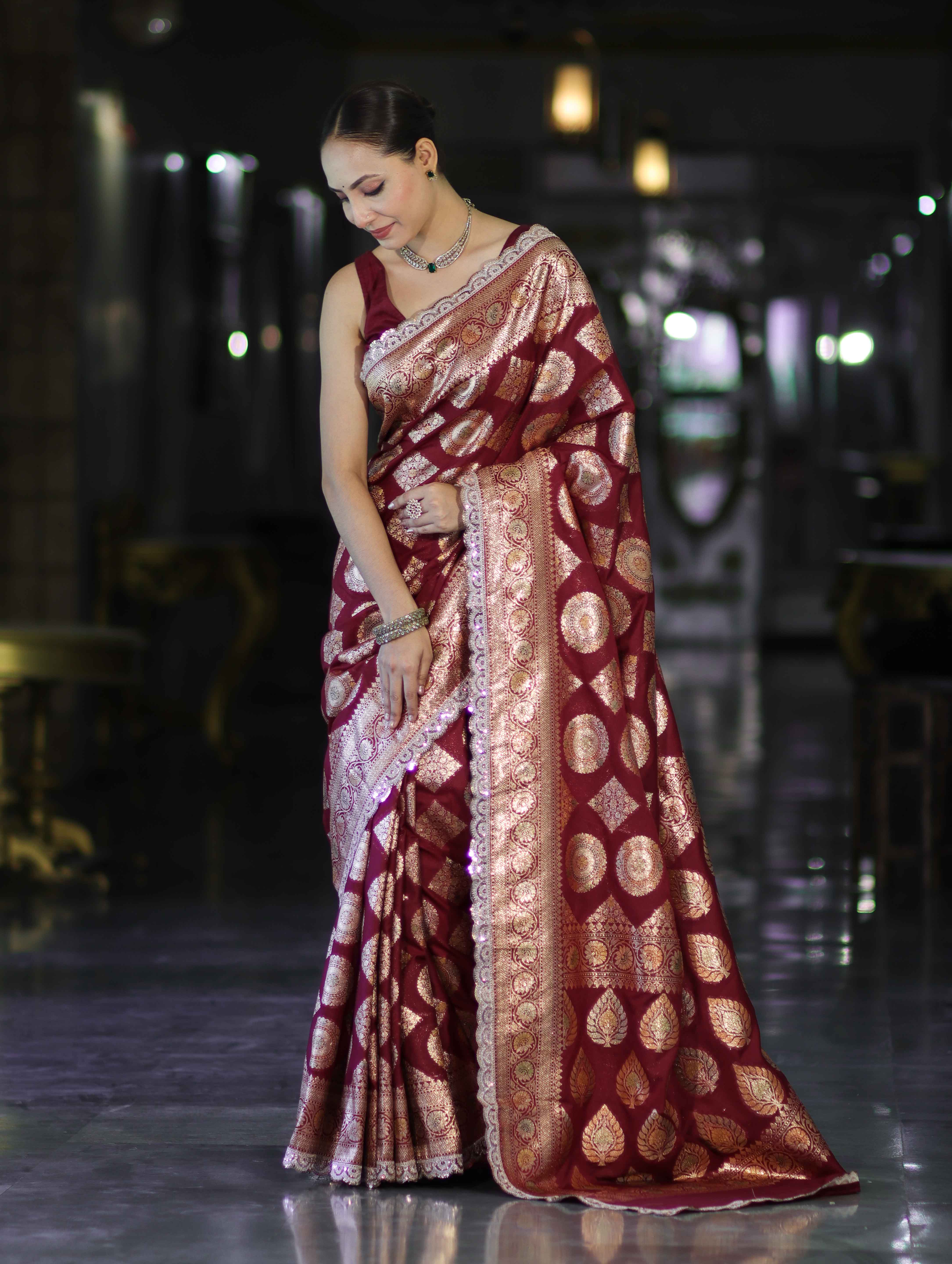 Banarasee Handloom Semi Silk Saree With Buta Design Zari Border & Lace-Burgundy
