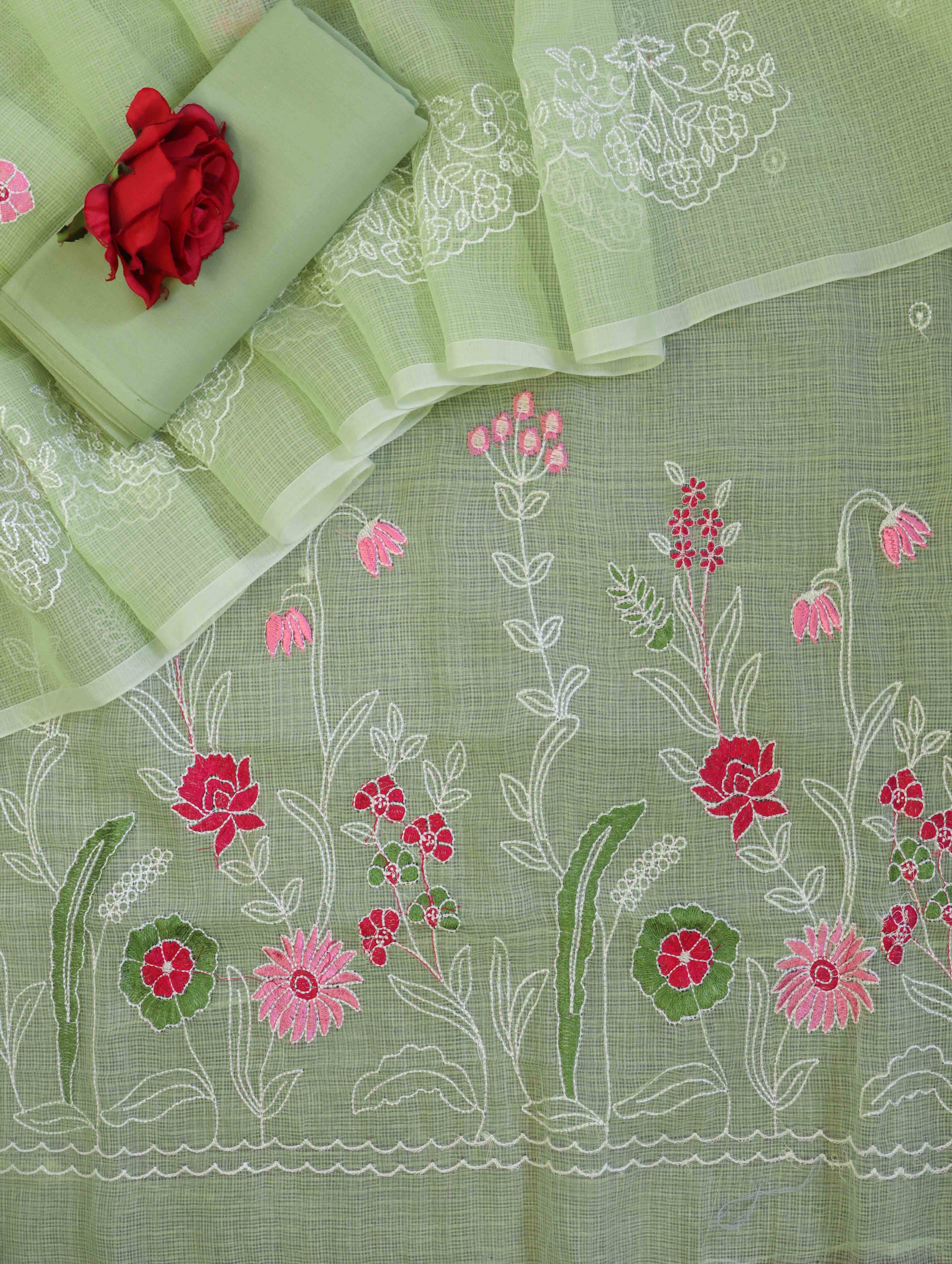 Banarasee Kota Doria Hand-Embroidered Salwar Kameez Dupatta Set-Light Green