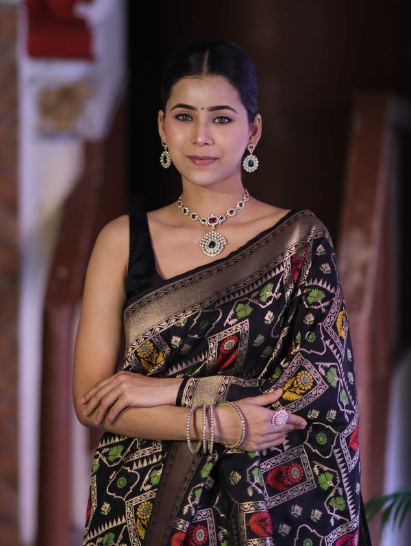 Banarasee Handloom Semi Katan Meena Work Saree-Black