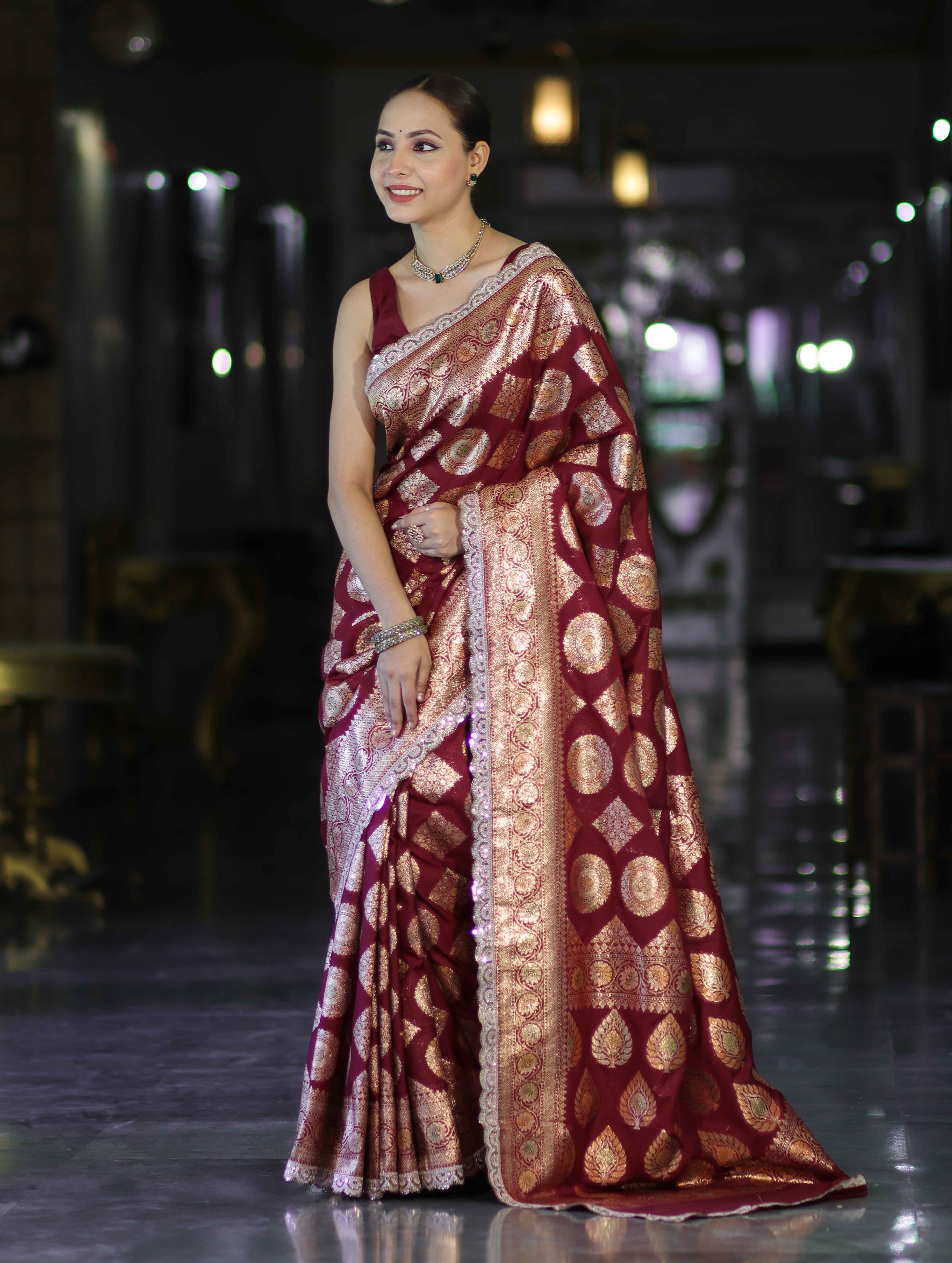 Banarasee Handloom Semi Silk Saree With Buta Design Zari Border & Lace-Burgundy