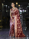 Banarasee Handloom Semi Silk Saree With Buta Design Zari Border & Lace-Burgundy