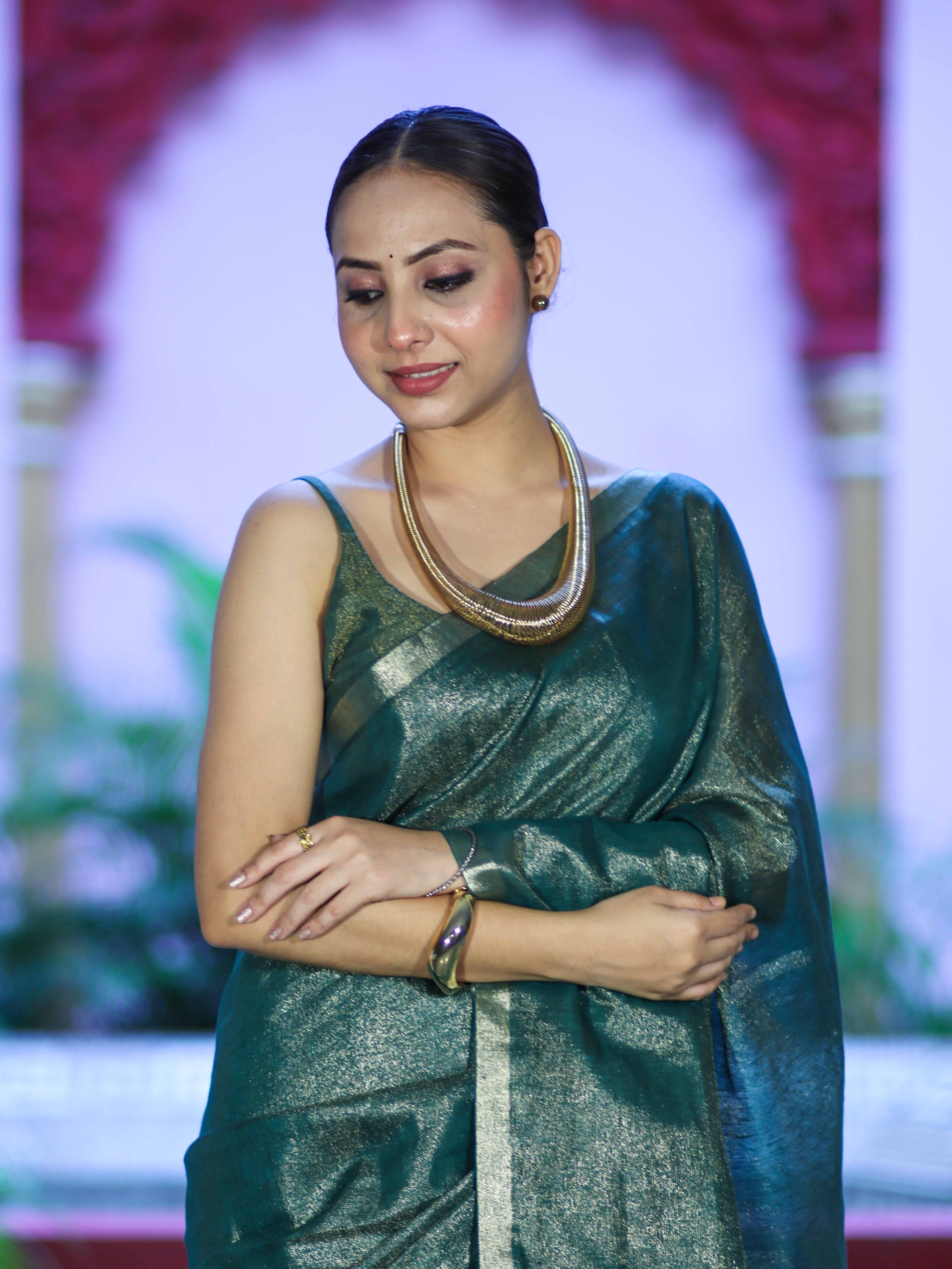 Bhagalpur Handloom Linen Tissue Metallic Shine Saree-Green