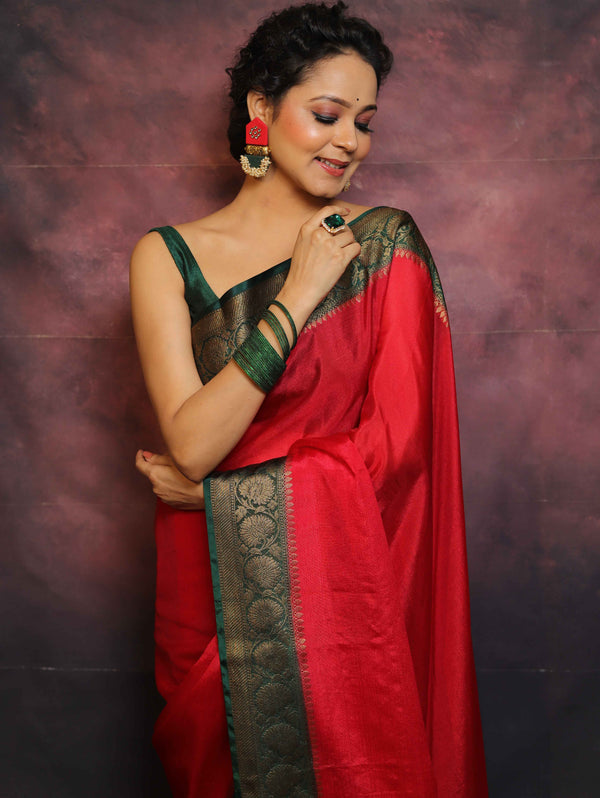 Banarasee Handwoven Semi Silk Plain Saree With Zari Contrast Border-Red & Green