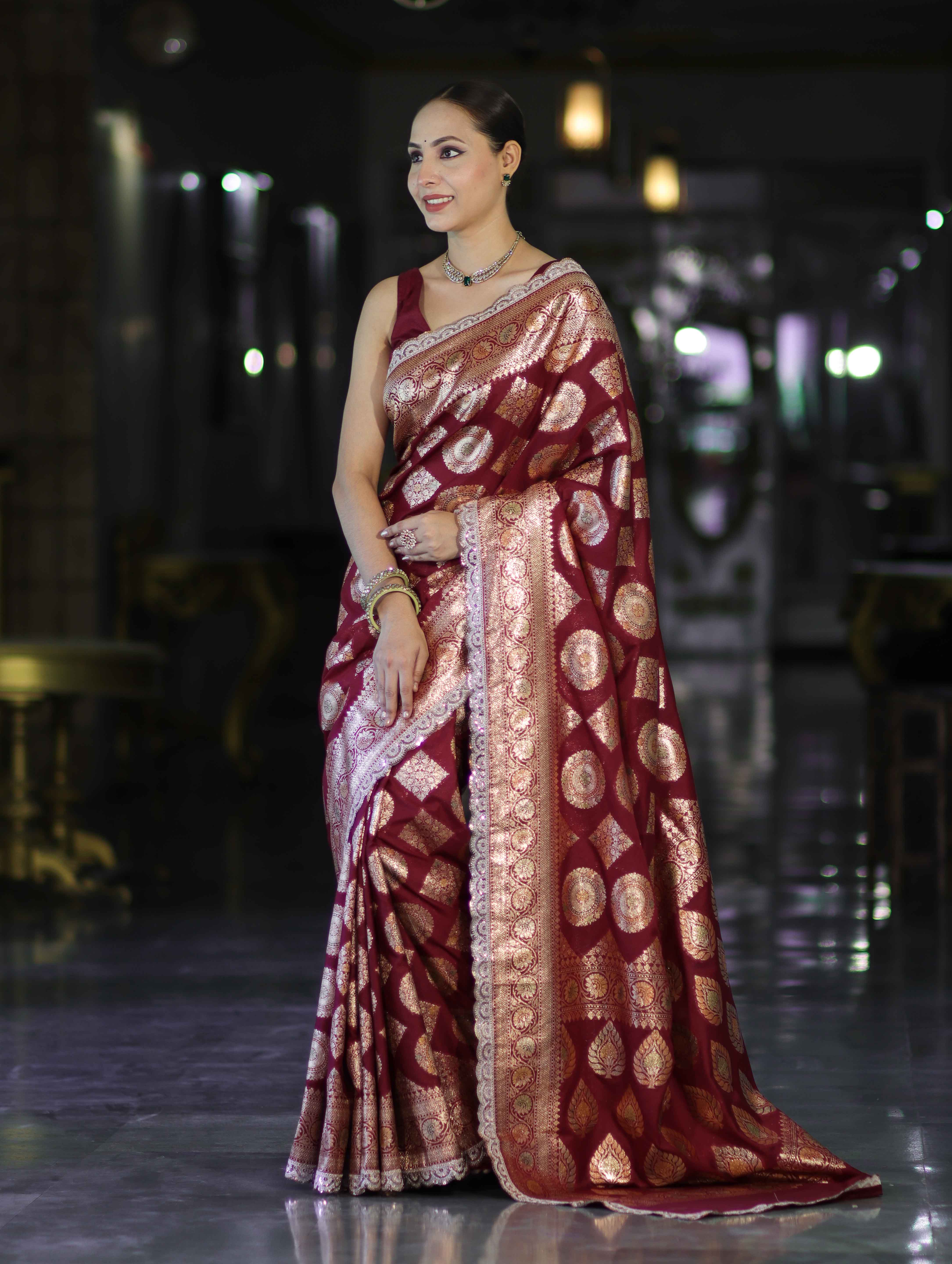 Banarasee Handloom Semi Silk Saree With Buta Design Zari Border & Lace-Burgundy