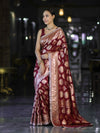 Banarasee Handloom Semi Silk Saree With Buta Design Zari Border & Lace-Burgundy