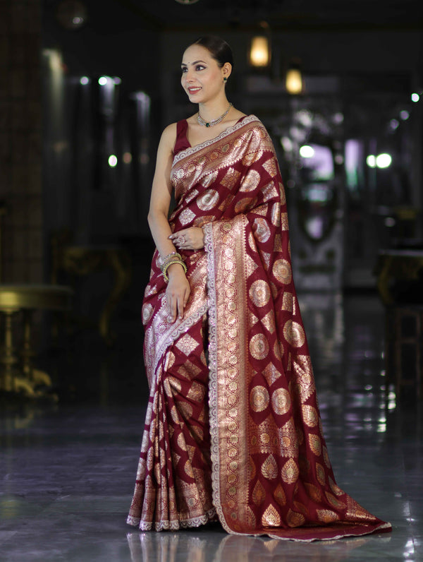 Banarasee Handloom Semi Silk Saree With Buta Design Zari Border & Lace-Burgundy