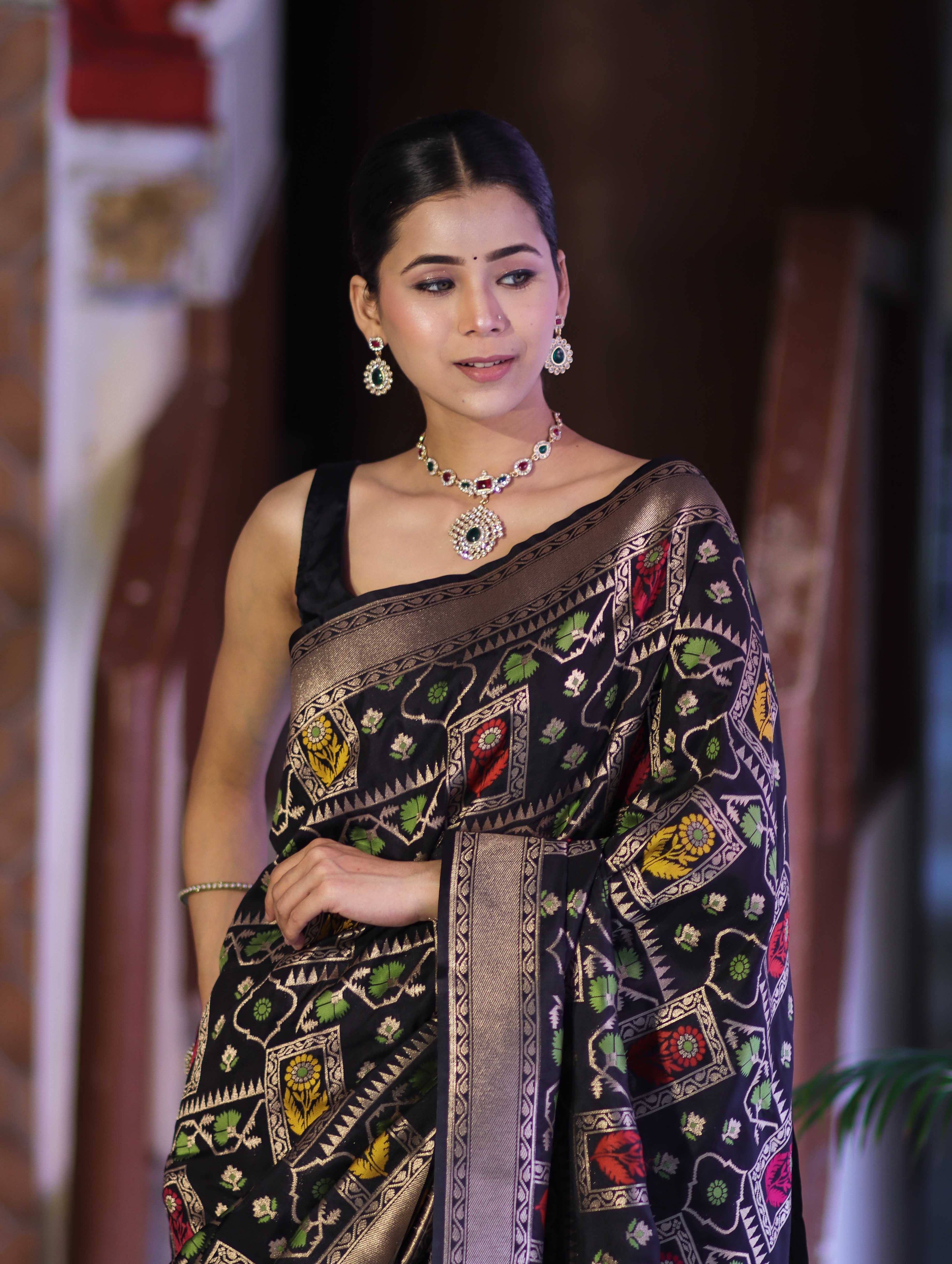 Banarasee Handloom Semi Katan Meena Work Saree-Black