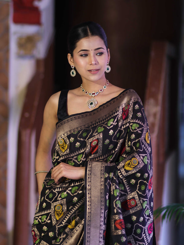 Banarasee Handloom Semi Katan Meena Work Saree-Black