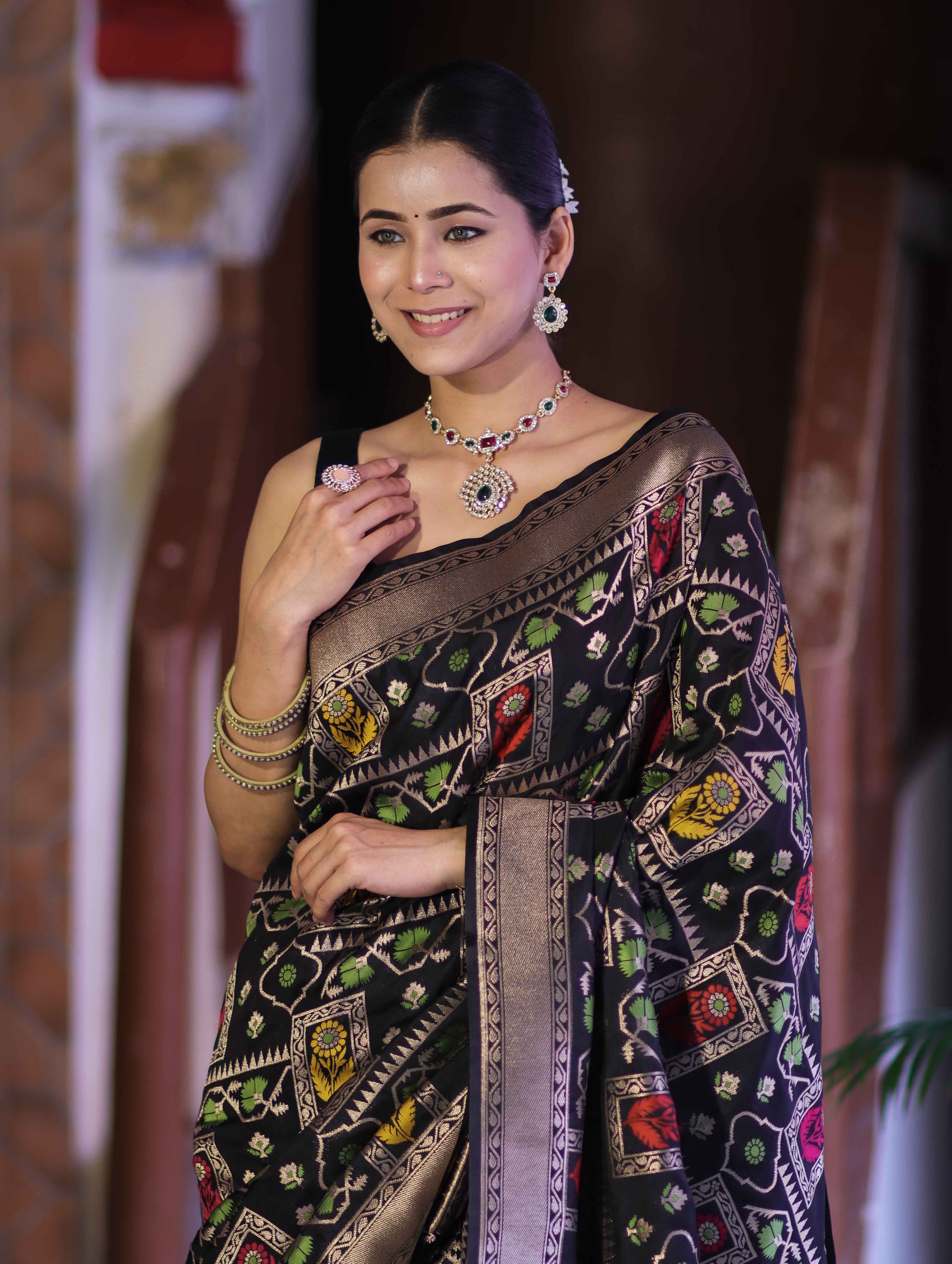 Banarasee Handloom Semi Katan Meena Work Saree-Black