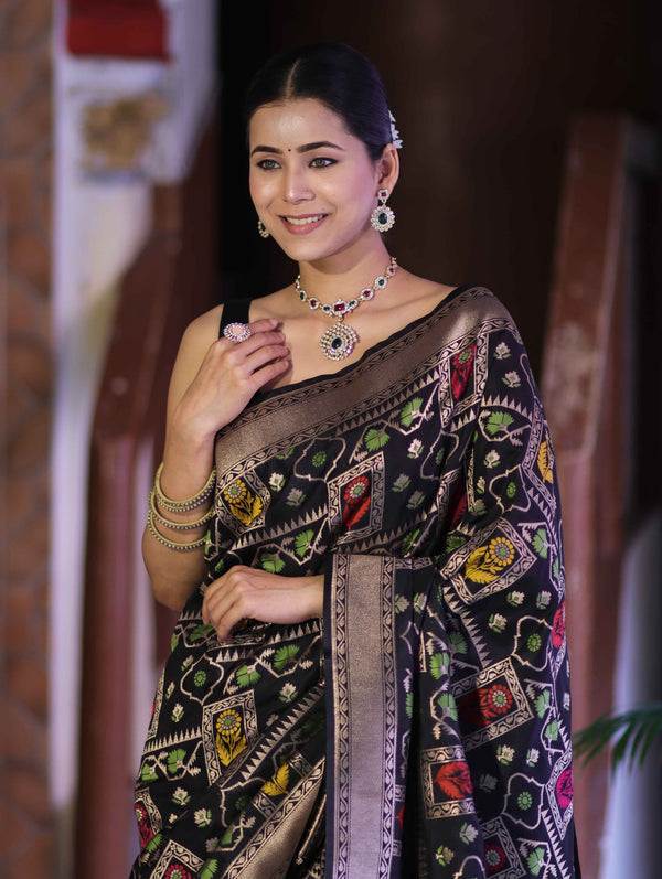 Banarasee Handloom Semi Katan Meena Work Saree-Black