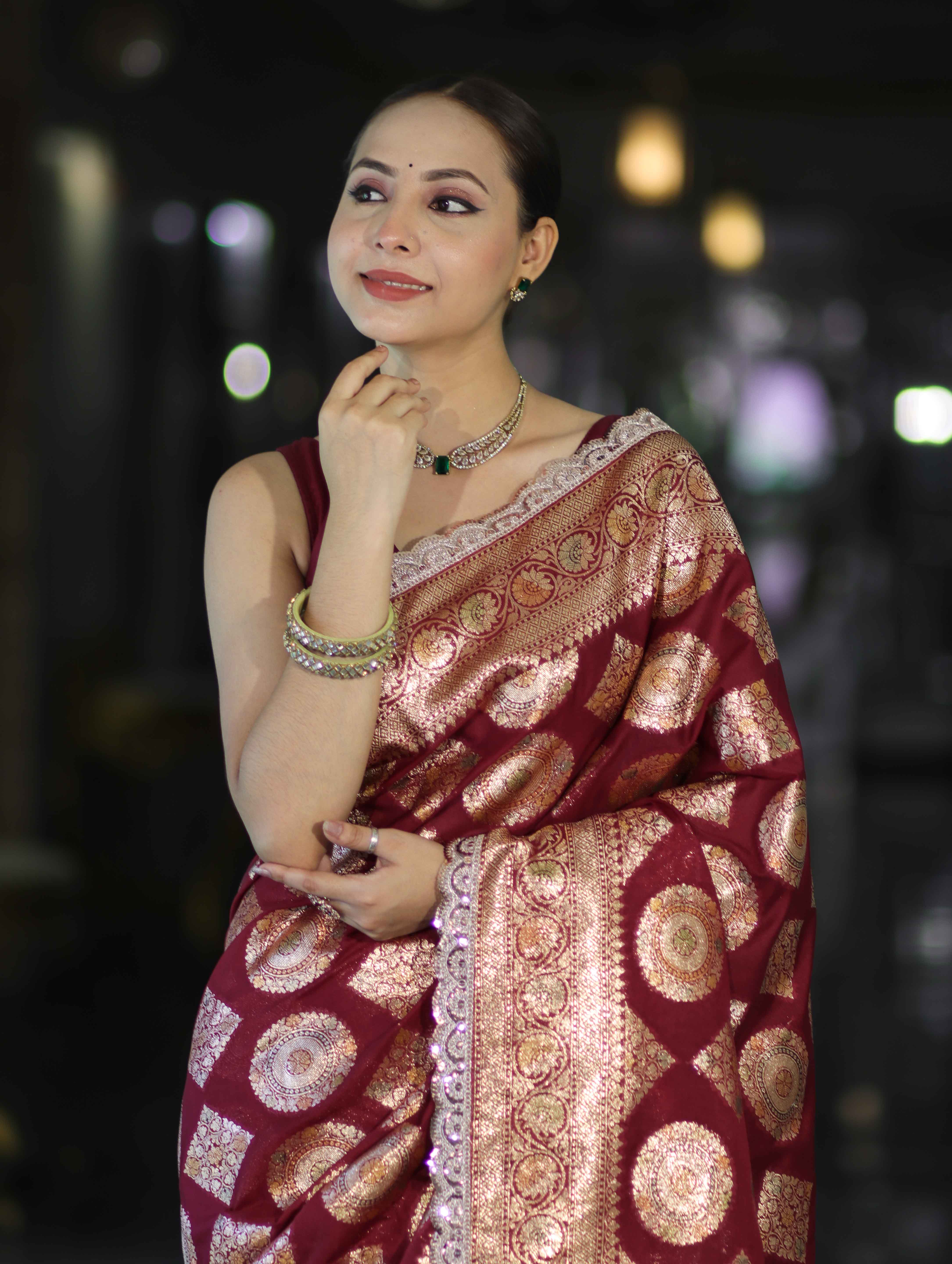 Banarasee Handloom Semi Silk Saree With Buta Design Zari Border & Lace-Burgundy