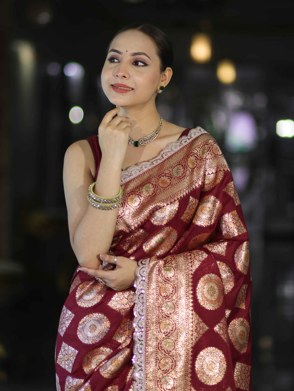 Banarasee Handloom Semi Silk Saree With Buta Design Zari Border & Lace-Burgundy