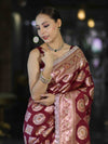 Banarasee Handloom Semi Silk Saree With Buta Design Zari Border & Lace-Burgundy