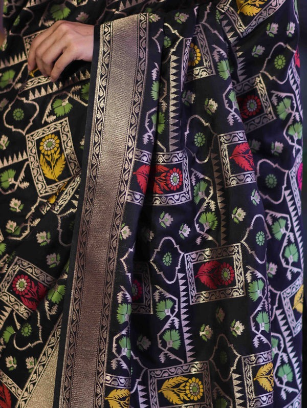 Banarasee Handloom Semi Katan Meena Work Saree-Black