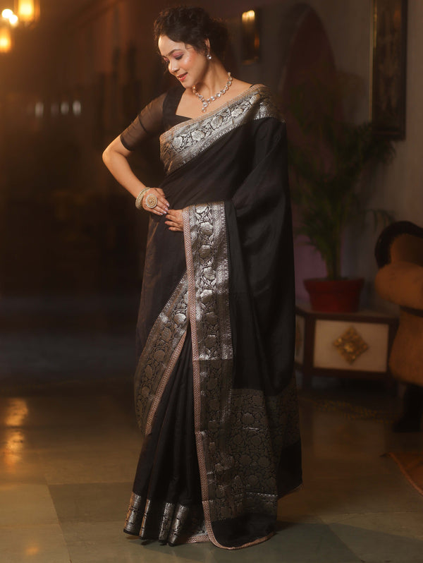 Banarasee Handwoven Semi Silk Saree With Silver Zari Border & Lace-Black