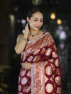 Banarasee Handloom Semi Silk Saree With Buta Design Zari Border & Lace-Burgundy