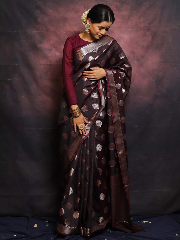 Banarasee Handwoven Semi Silk Saree With Buta Design-Brown