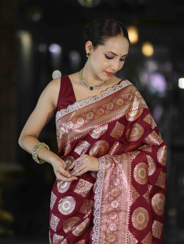 Banarasee Handloom Semi Silk Saree With Buta Design Zari Border & Lace-Burgundy