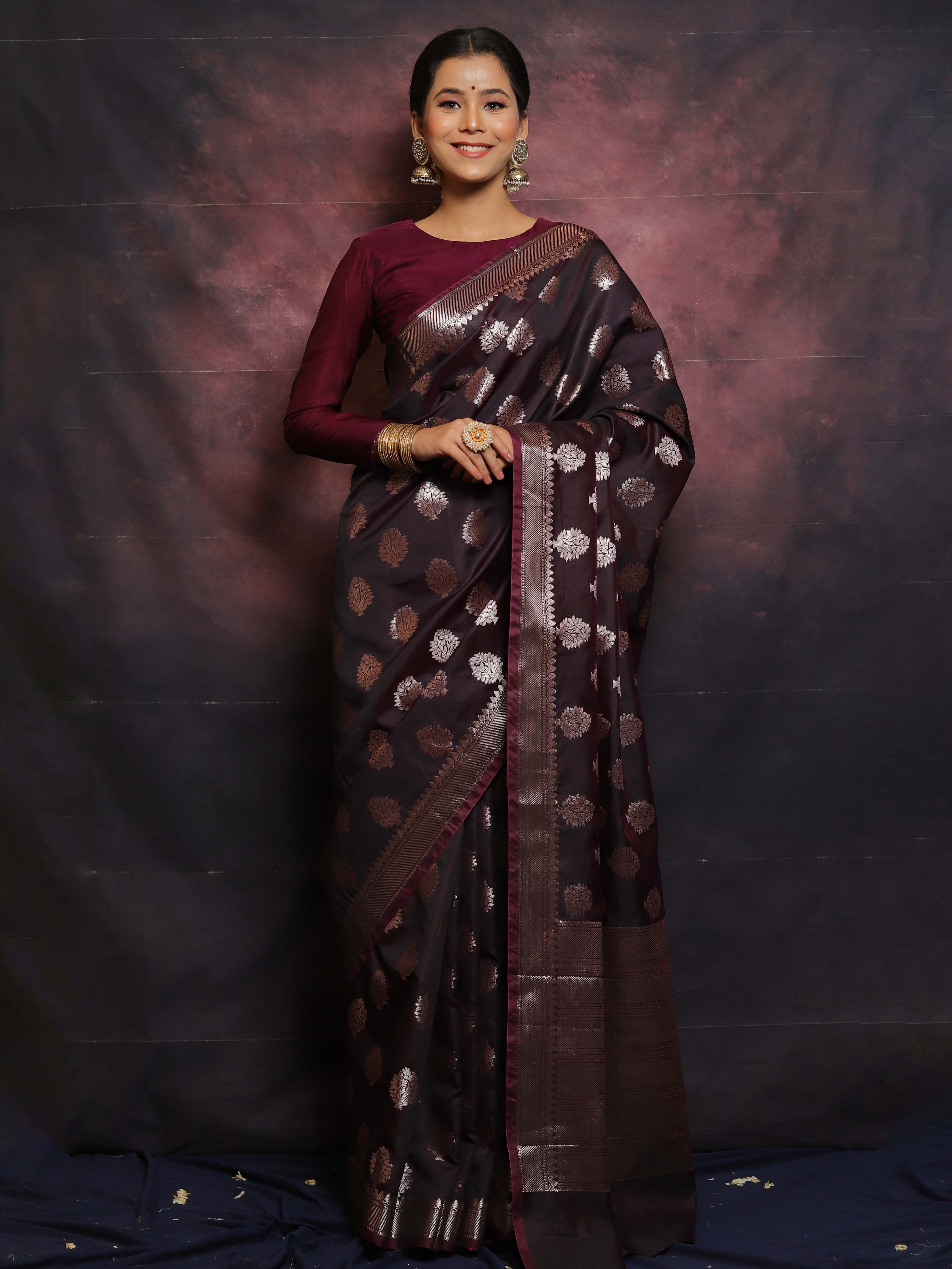 Banarasee Handwoven Semi Silk Saree With Buta Design-Brown