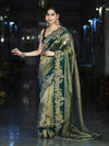 Banarasee Pure Tissue Silk Saree With Applique Cutwork Floral Embroidery Border-Green (Gold Tone)