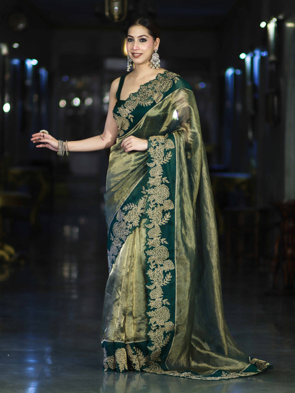Banarasee Pure Tissue Silk Saree With Applique Cutwork Floral Embroidery Border-Green (Gold Tone)