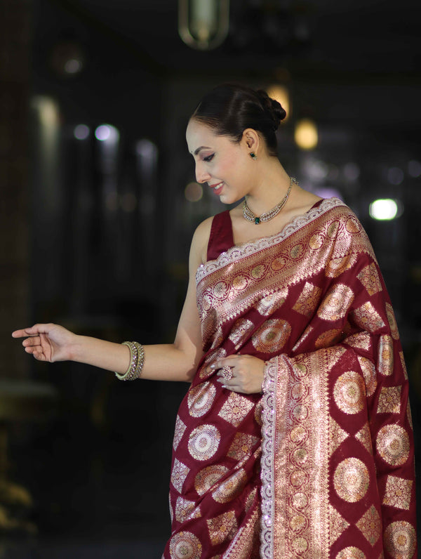 Banarasee Handloom Semi Silk Saree With Buta Design Zari Border & Lace-Burgundy