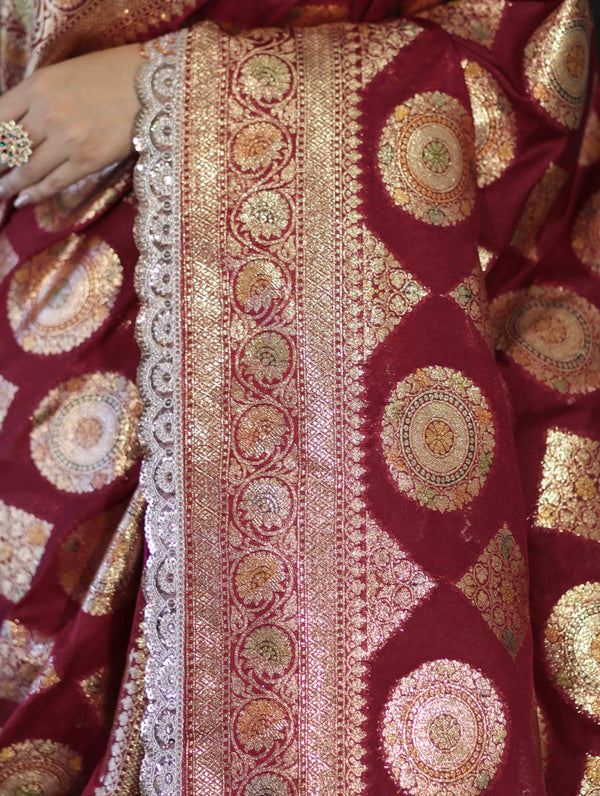 Banarasee Handloom Semi Silk Saree With Buta Design Zari Border & Lace-Burgundy