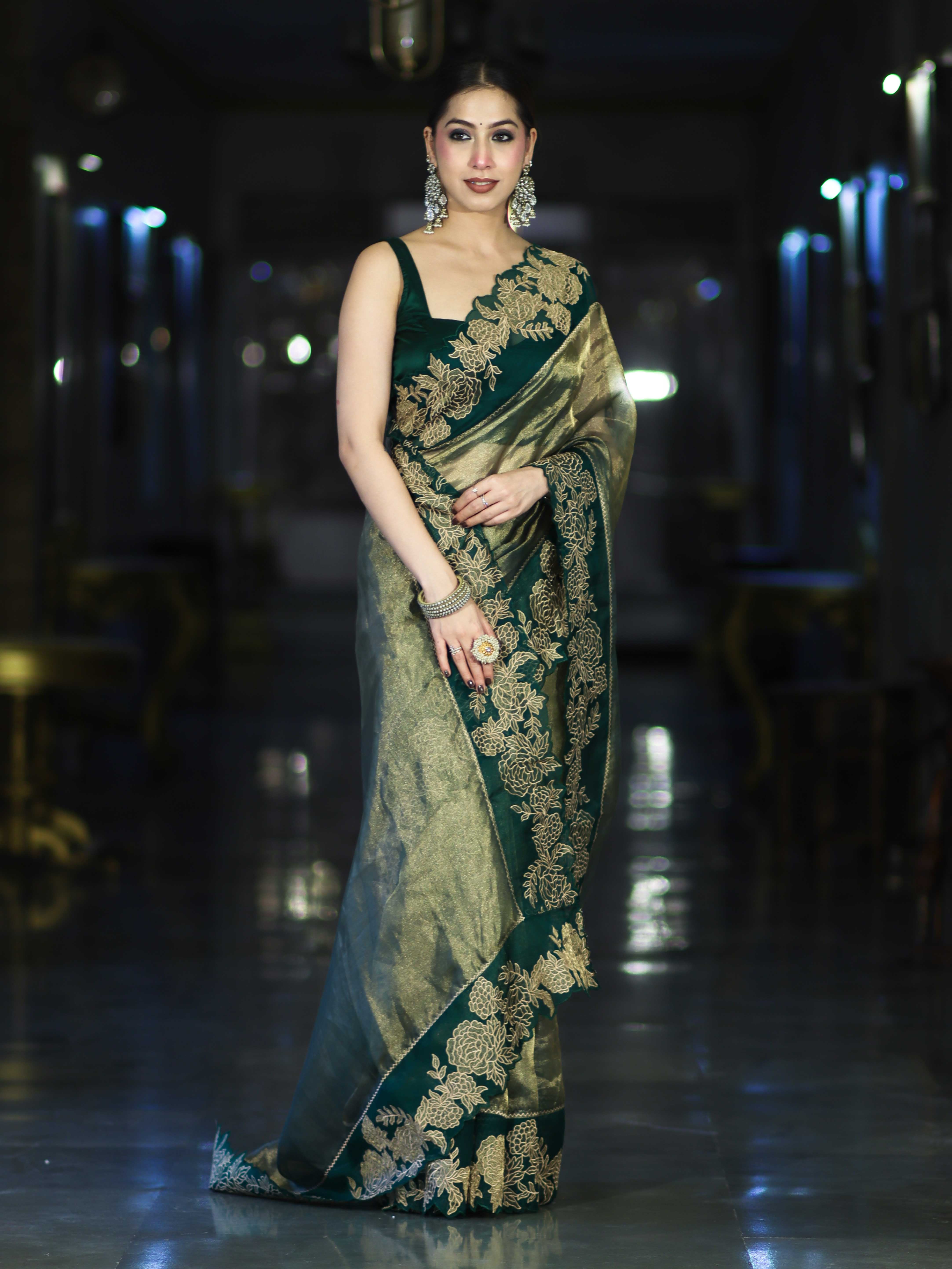Banarasee Pure Tissue Silk Saree With Applique Cutwork Floral Embroidery Border-Green (Gold Tone)