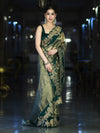 Banarasee Pure Tissue Silk Saree With Applique Cutwork Floral Embroidery Border-Green (Gold Tone)