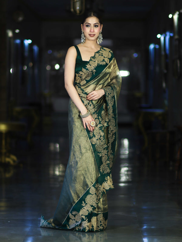 Banarasee Pure Tissue Silk Saree With Applique Cutwork Floral Embroidery Border-Green (Gold Tone)