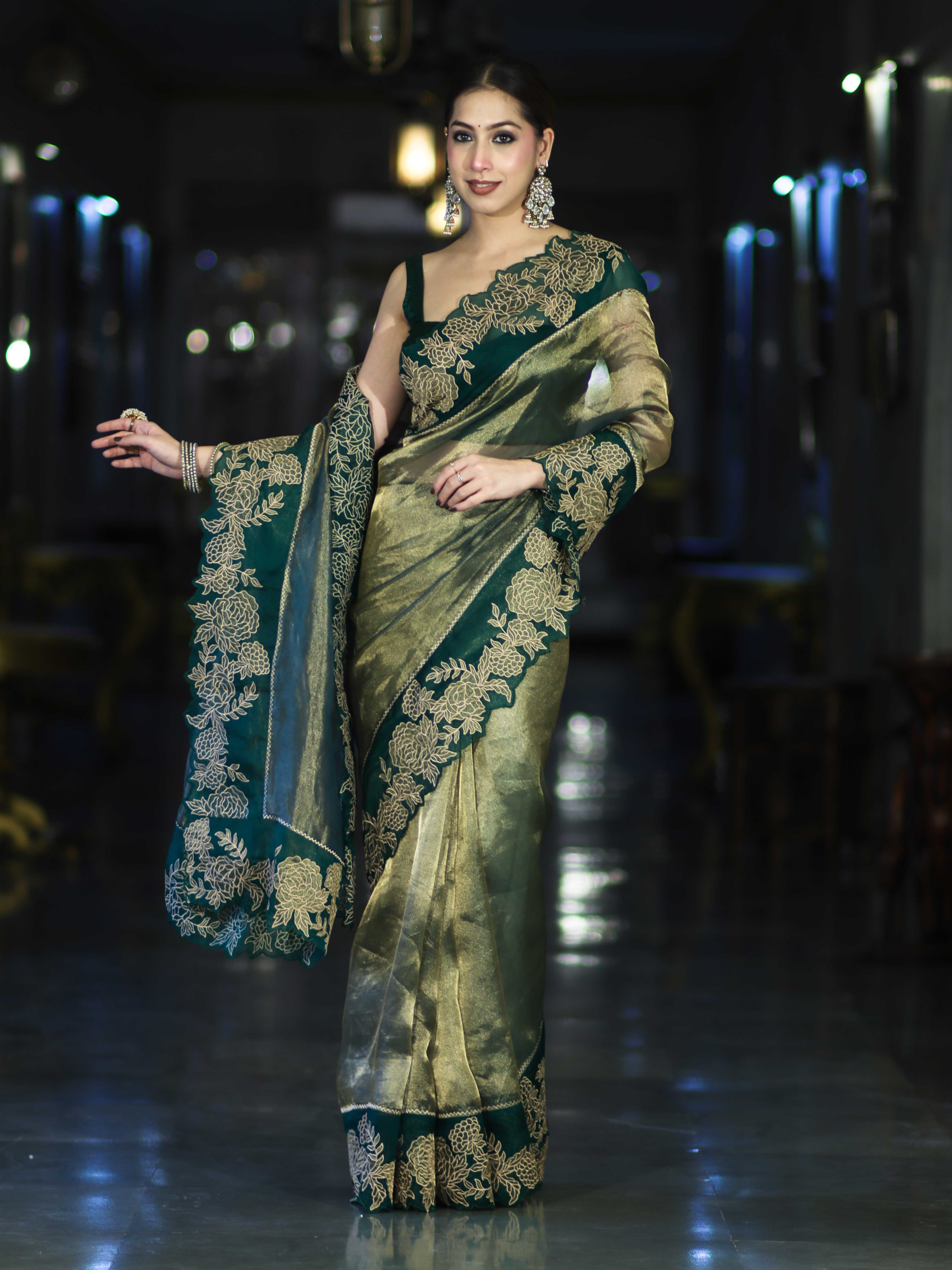 Banarasee Pure Tissue Silk Saree With Applique Cutwork Floral Embroidery Border-Green (Gold Tone)